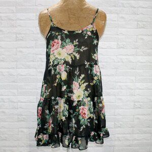 HAUTE SOCIETY Top Sheer Floral Blouse Black Ruffle Dark Romantic Pink Small